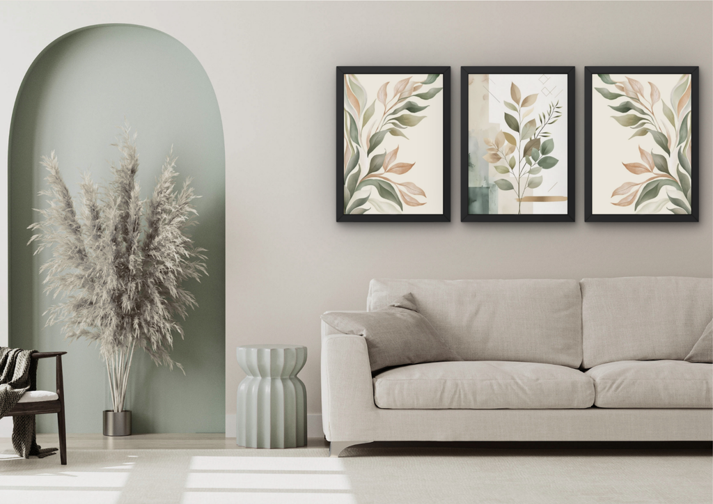 Abstracte botanische wanddecoratie set (3 Lijsten) – Zachte beige & groene bladeren