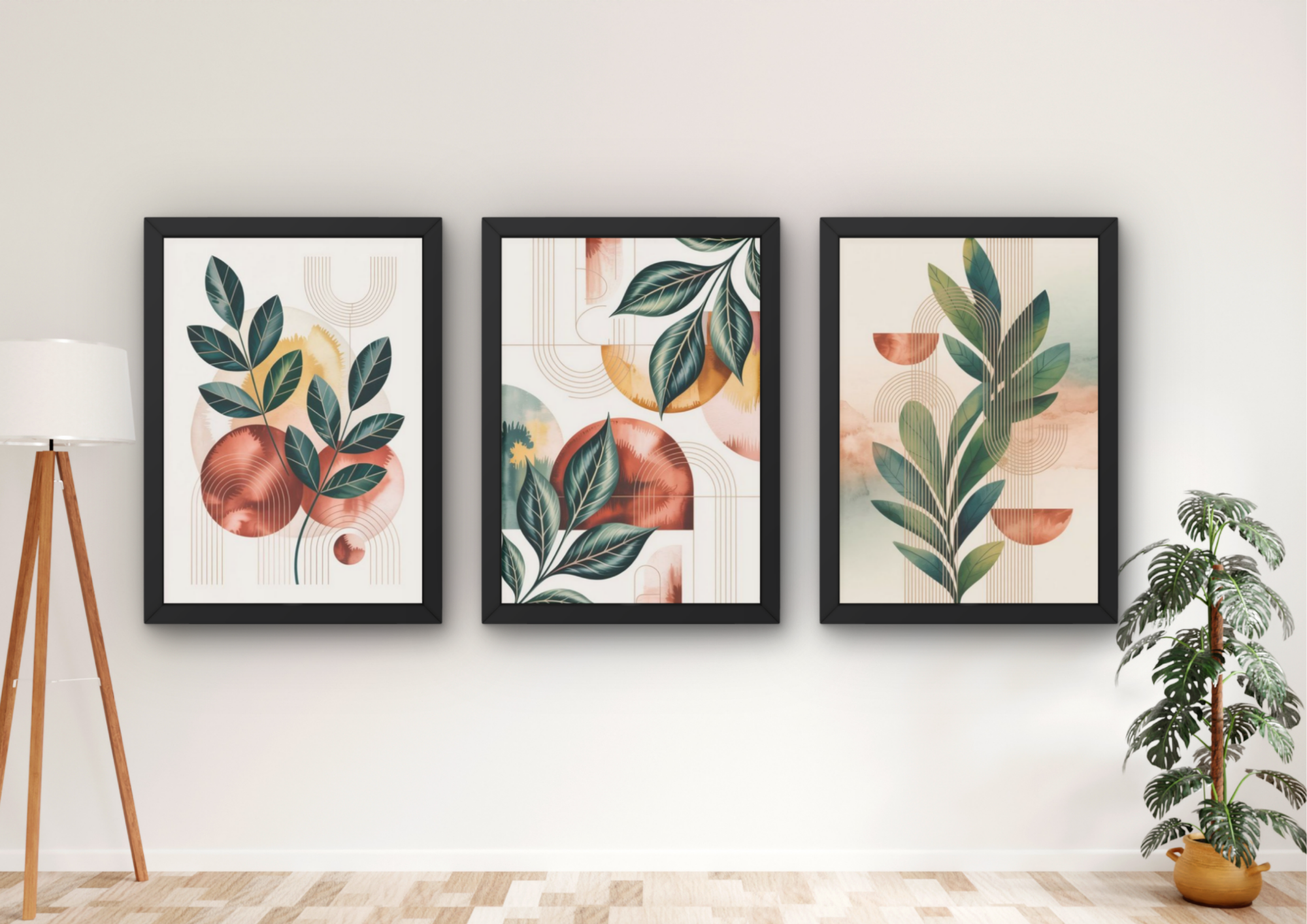 botanische bladeren wanddecoratie set met drie lijsten