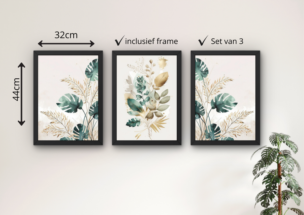 monstera wanddecoratie set met drie lijsten
