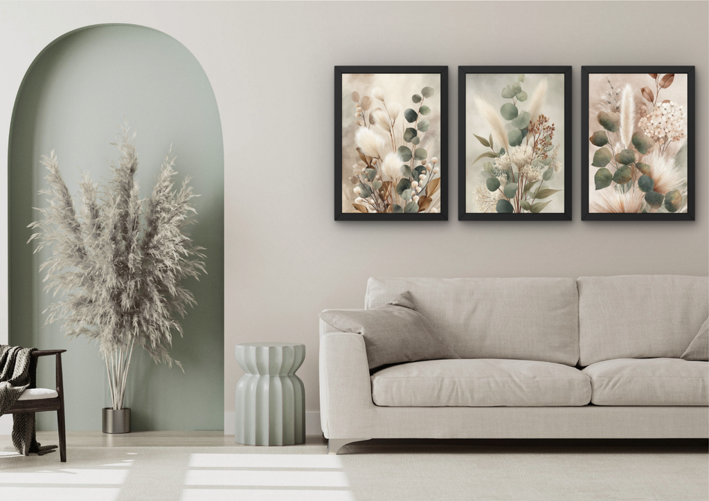 Botanische wanddecoratie set beige (3 lijsten) – Droogbloemen & eucalyptus