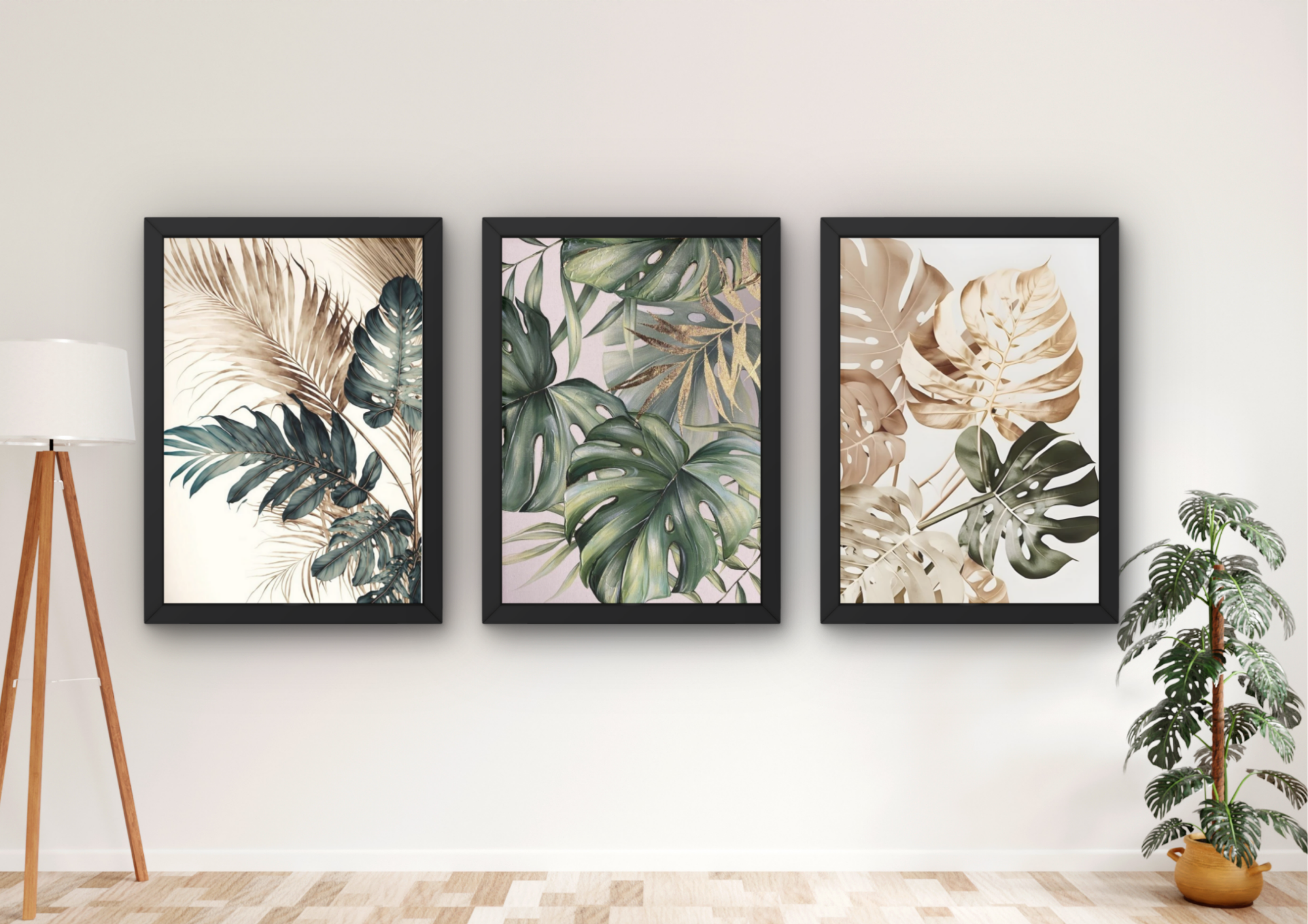 tropische bladeren wanddecoratie set met drie lijsten