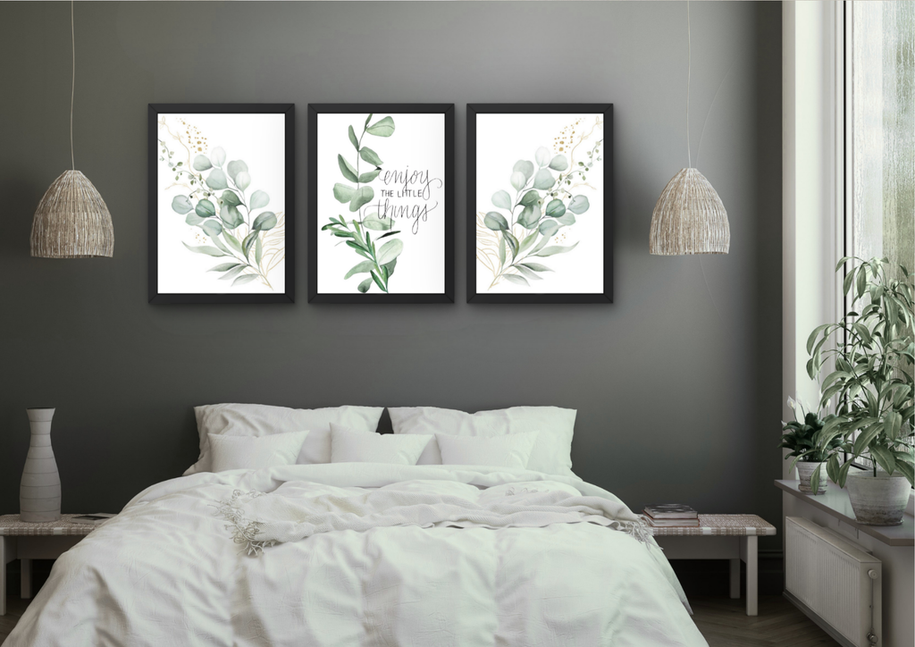 Botanische wanddecoratie met quote & eucalyptus set (3 Lijsten)