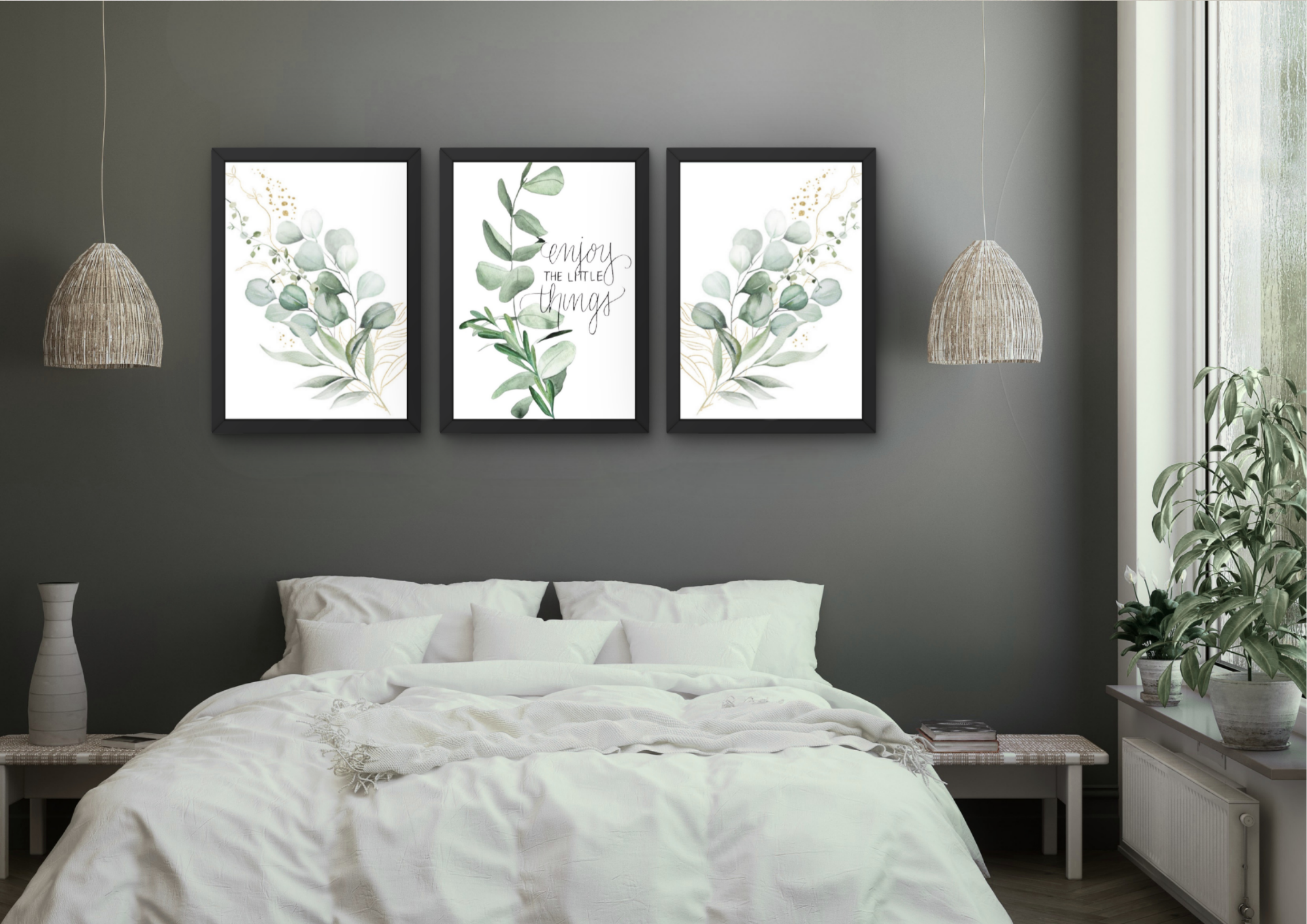 Botanische wanddecoratie met quote & eucalyptus set (3 Lijsten)