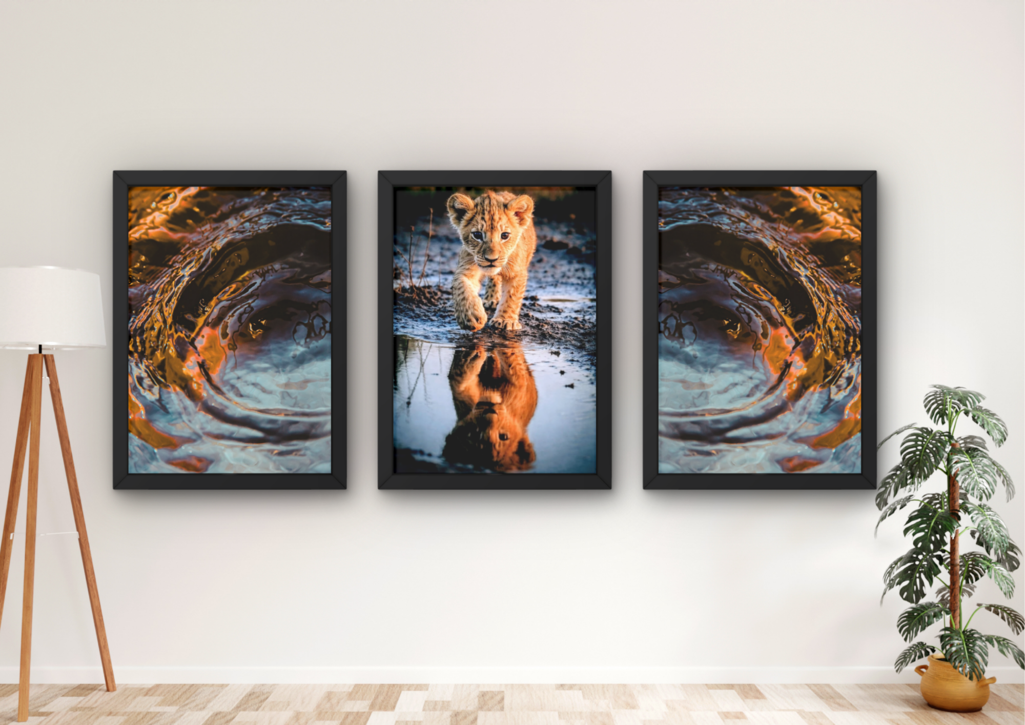 leeuw wanddecoratie set 3 met drie lijsten