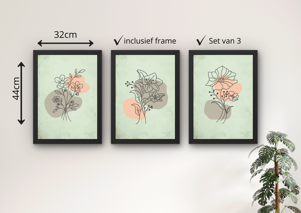 groene botanische wanddecoratie set met drie lijsten