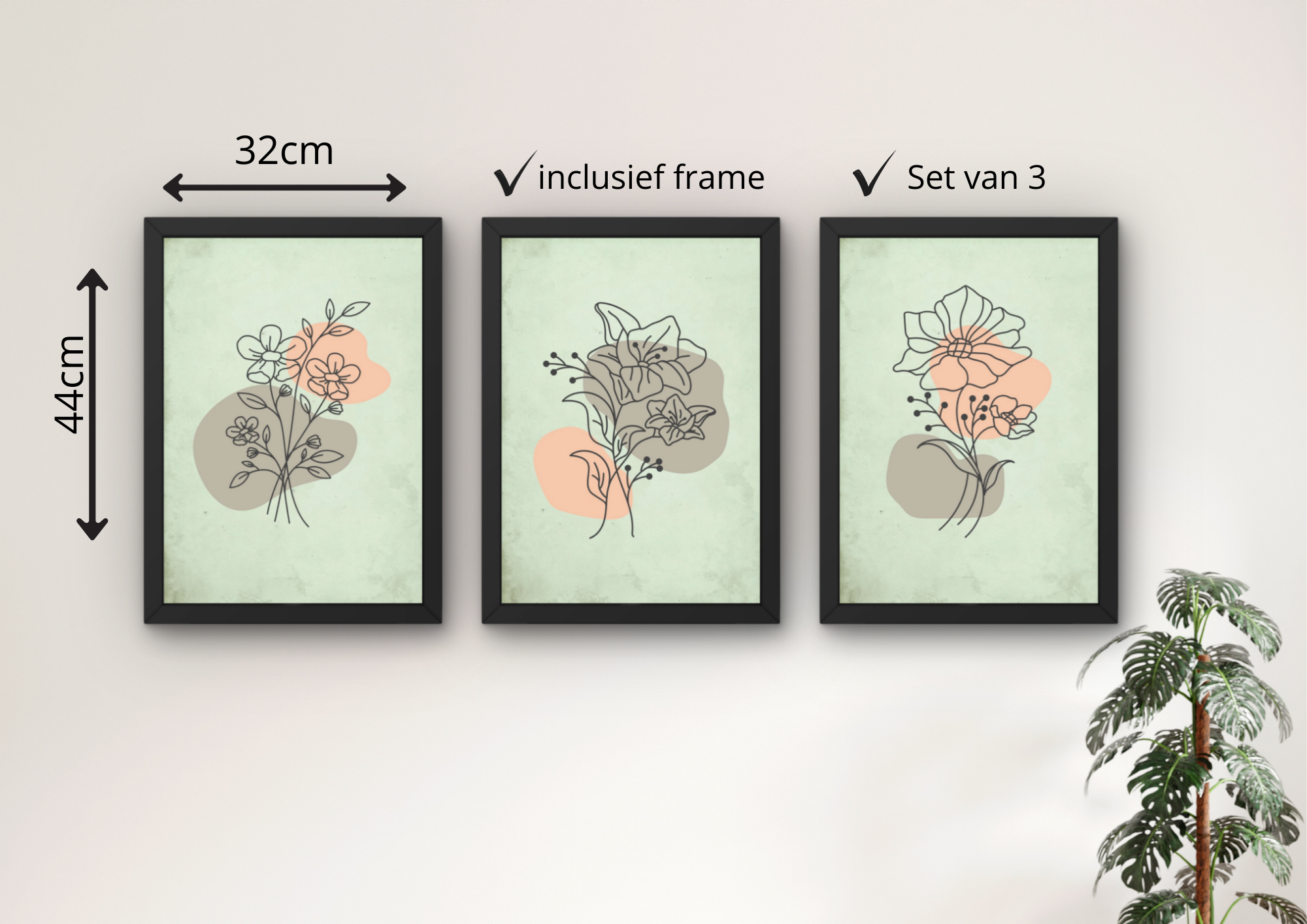 groene botanische wanddecoratie set met drie lijsten