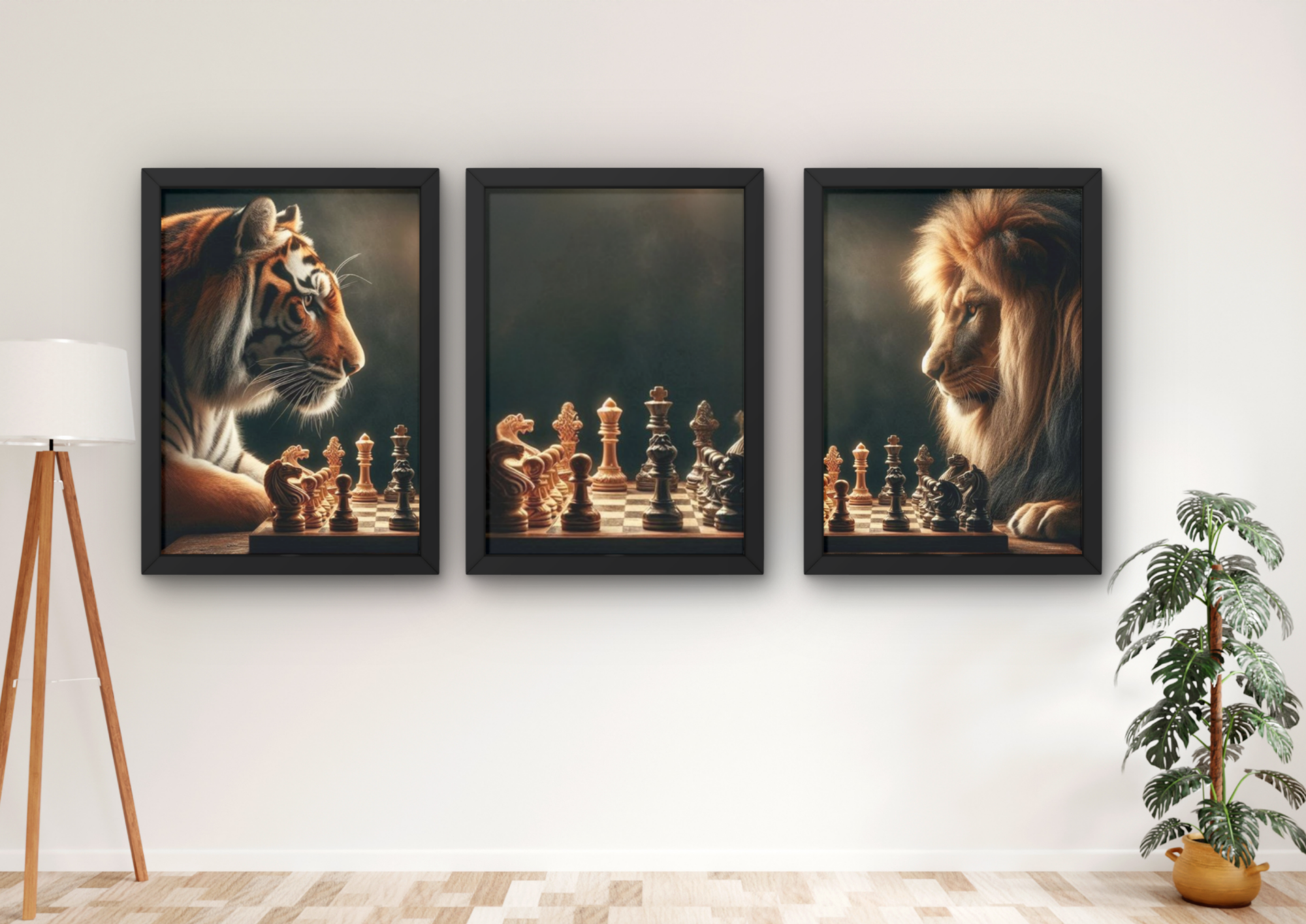 leeuw en tijger wanddecoratie met schaakspel